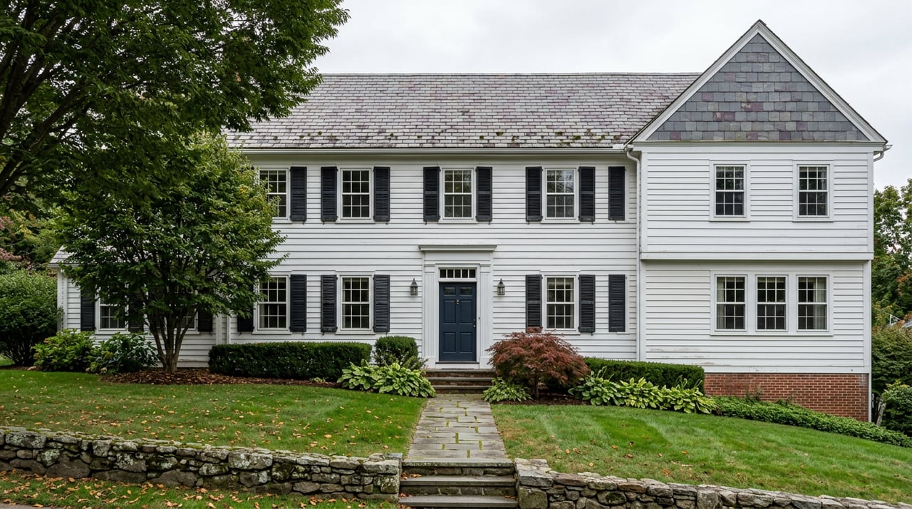 Two-story white Colonial Revival home with black shutters, slate roof, fieldstone wall, and bluestone walkway.
