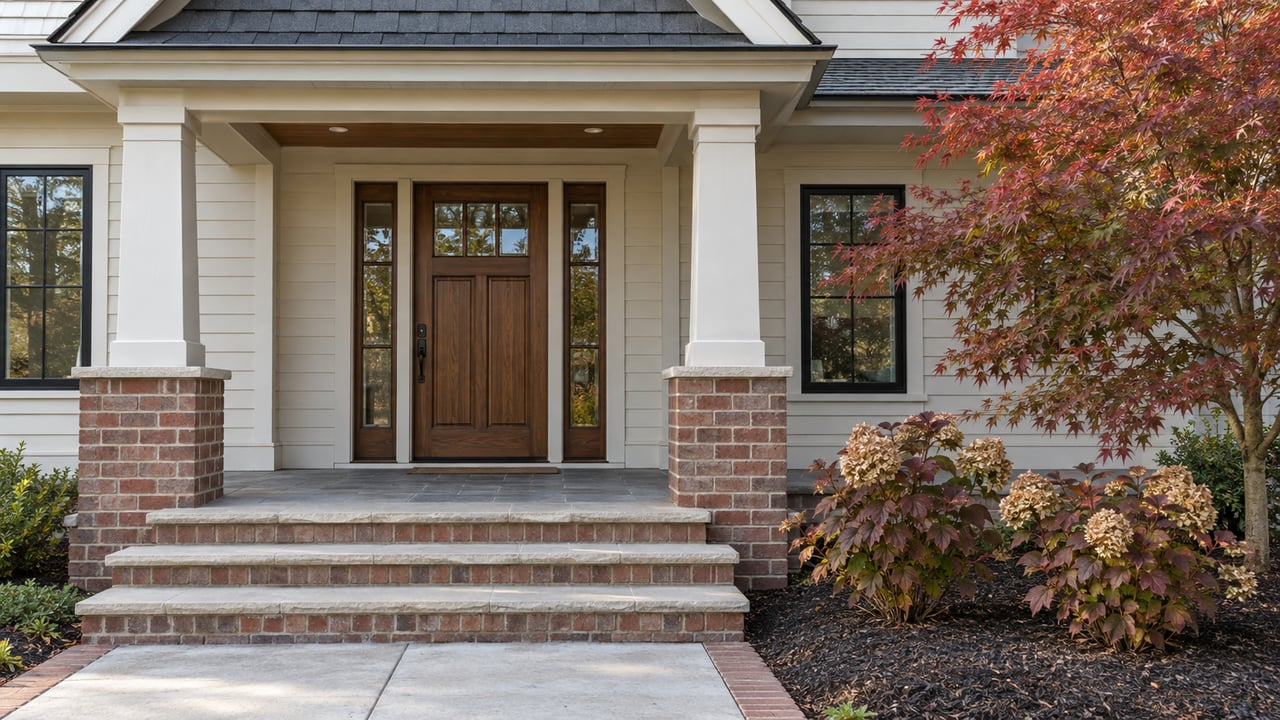 Brick and ivory-sided home entry with walnut door, stone steps and autumn Japanese maple planting.