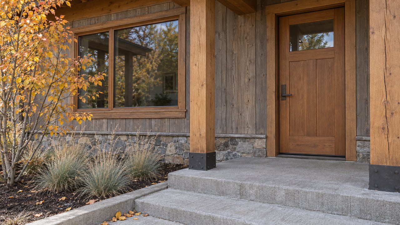 Sheltered timber home entrance with a fir door, cedar siding, stone foundation and autumn serviceberry beside concrete steps.