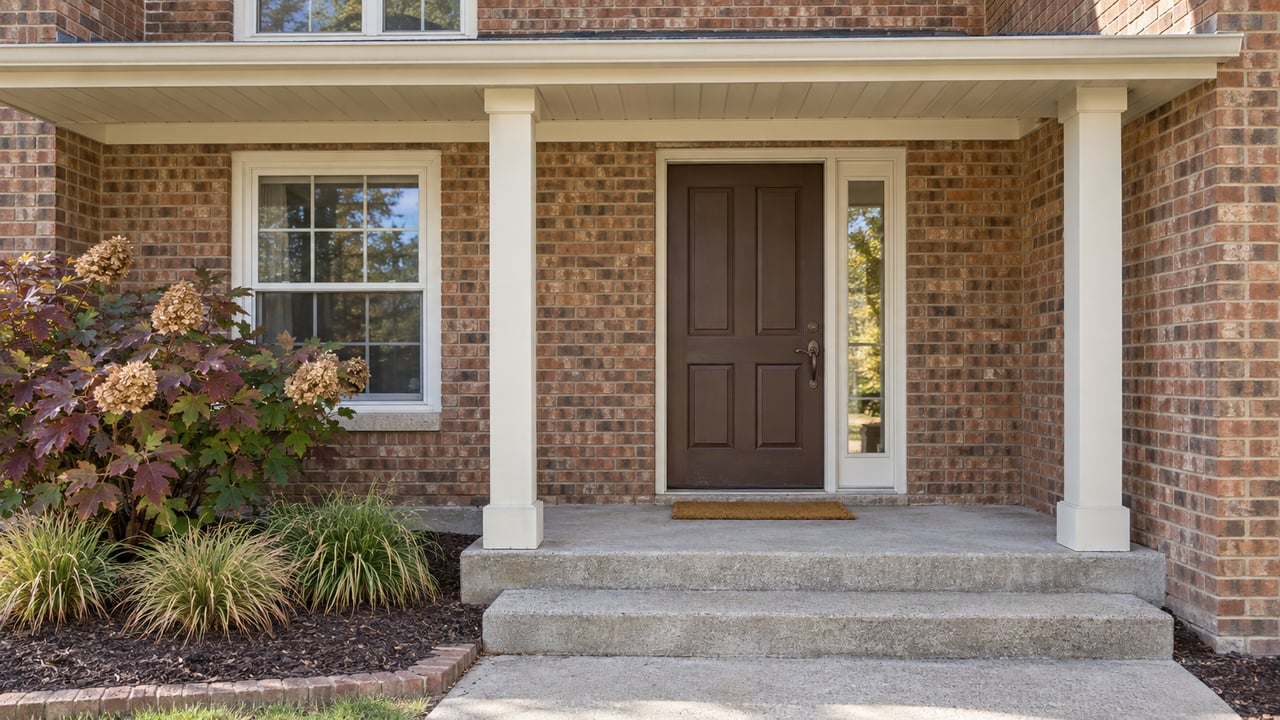 A brick home's sheltered front entry with cream-painted posts, concrete steps, and burgundy oakleaf hydrangea foliage.
