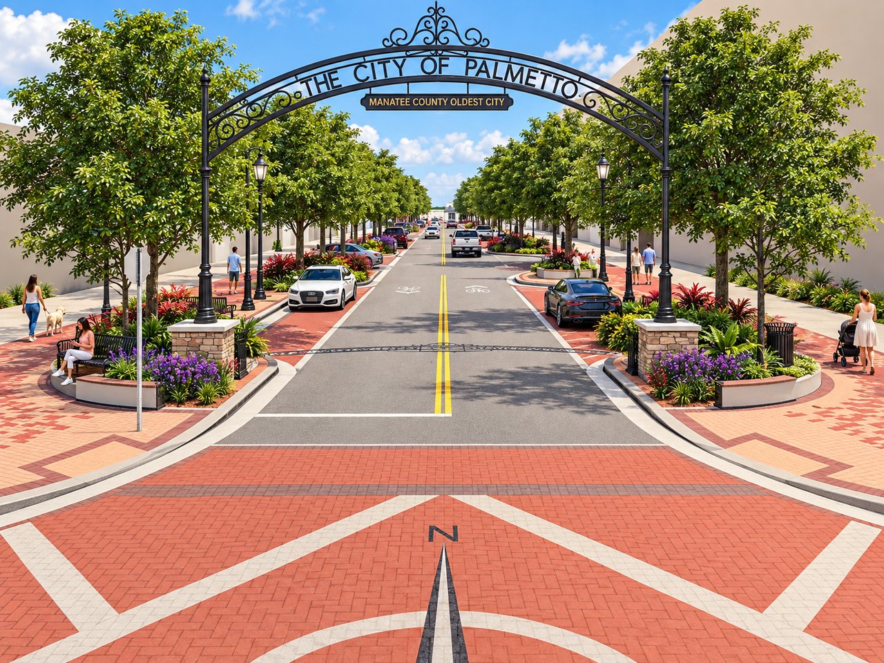 Downtown Palmetto streetscape rendering with a city entrance arch, landscaped sidewalks, and a compass design.