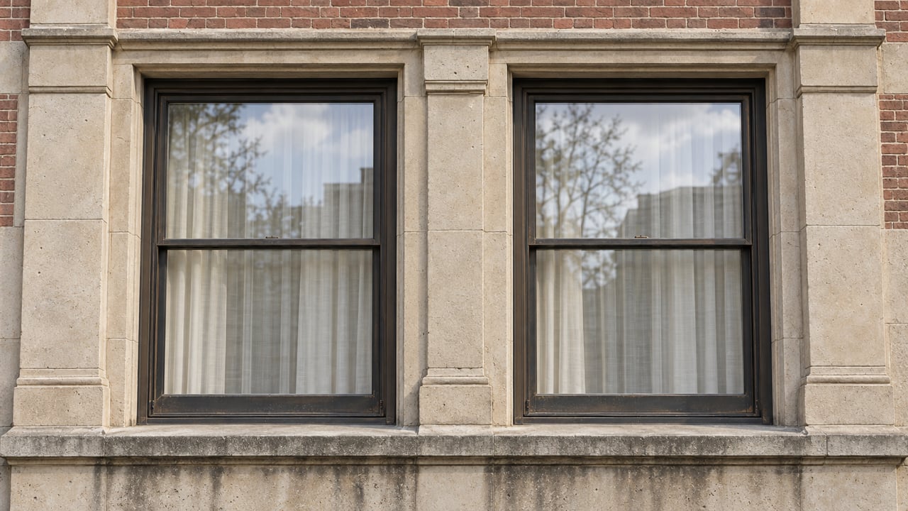 Two bronze-framed residential windows with ivory curtains, surrounded by weathered buff limestone and reddish-brown brick.