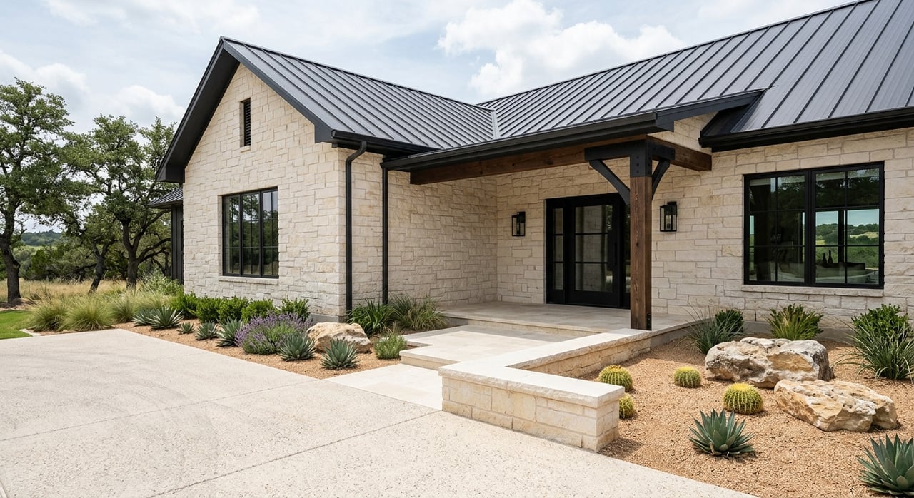 Limestone house entry with cedar post, black-framed glass, and grasses beside the driveway.