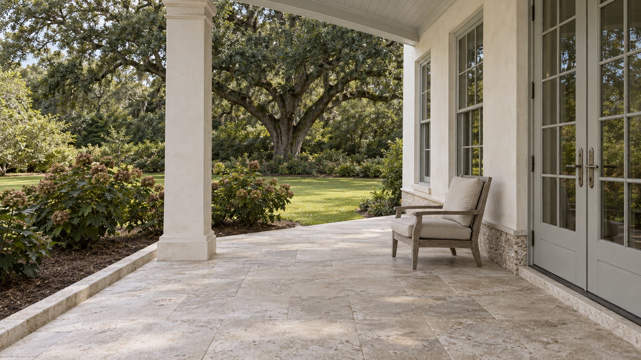 Covered veranda with ivory stucco, pale framed glass doors, limestone paving and a teak chair overlooking a live oak garden.