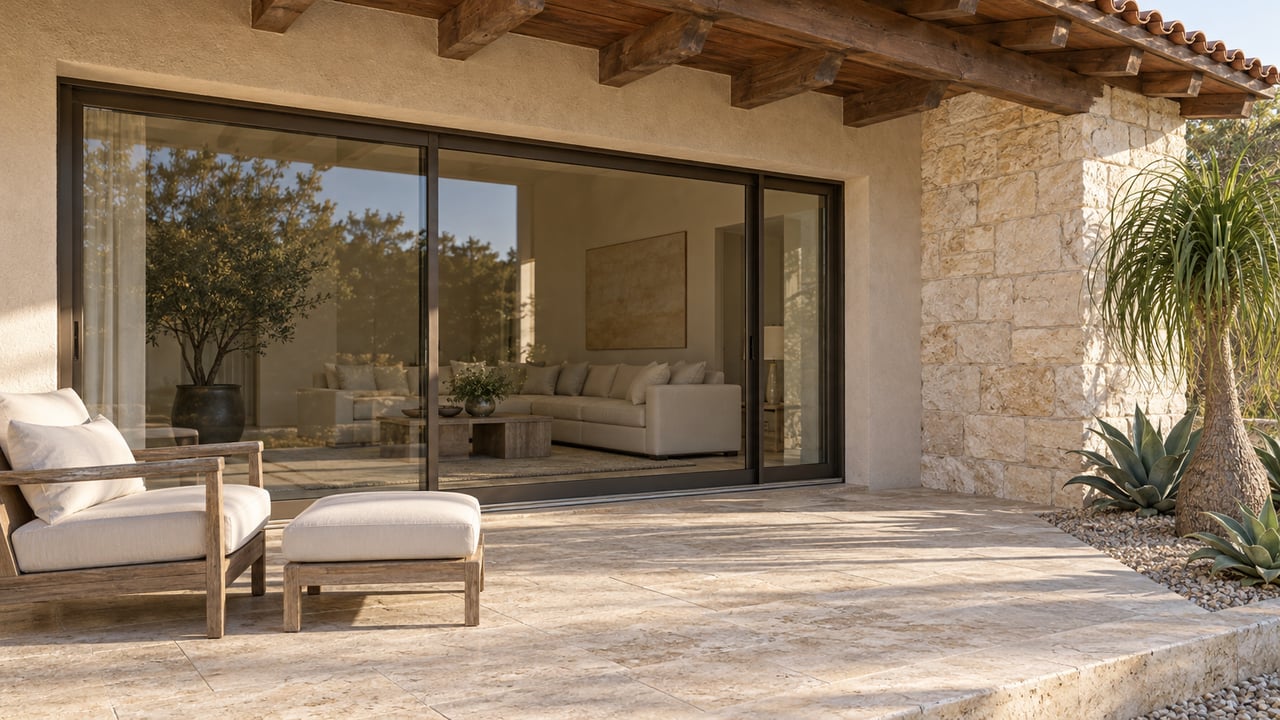 Covered terrace with weathered timber beams, cream travertine paving, white-cushioned teak seating and sculptural planting beside a glazed living room.