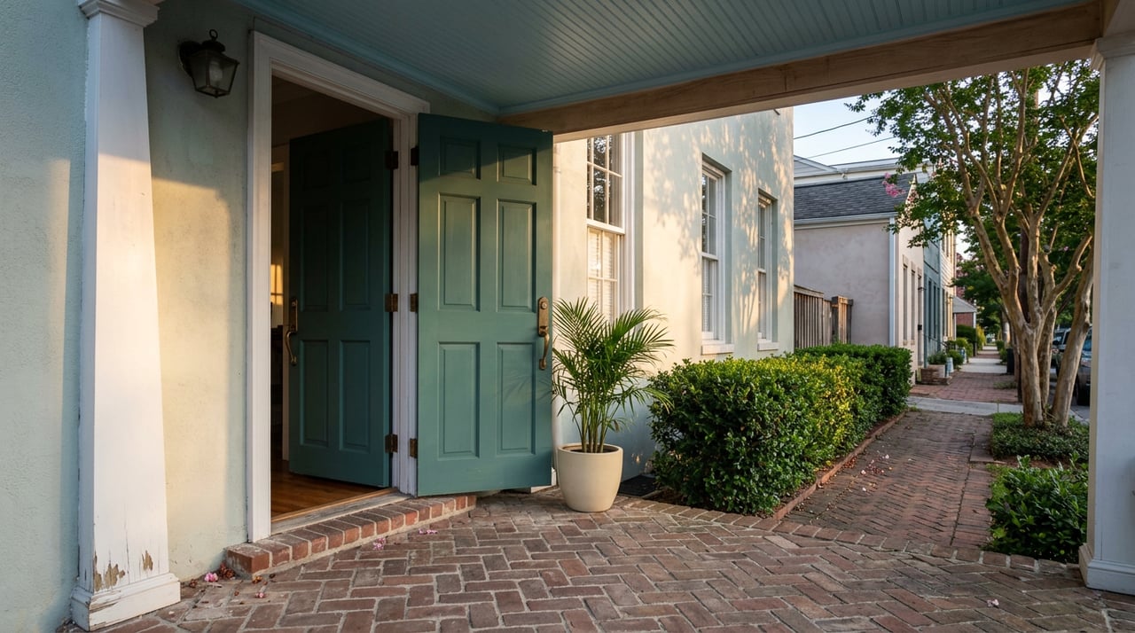 Herringbone brick stoop with an open green door, potted palm, clipped hedge, and crape myrtle along a narrow street.