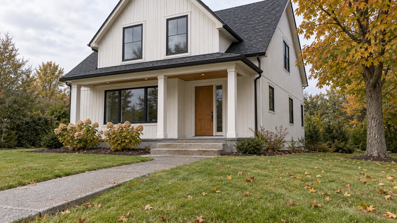 A white steep-gabled detached home with dark-framed windows, a wood front door and a covered porch beyond an autumn lawn and concrete approach.
