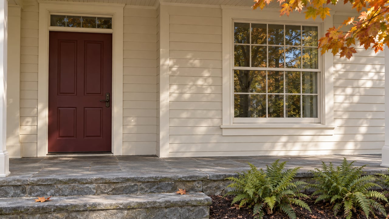 Burgundy entry door and ivory clapboard siding beside a divided-light window, with sandstone porch steps and copper-colored maple leaves.