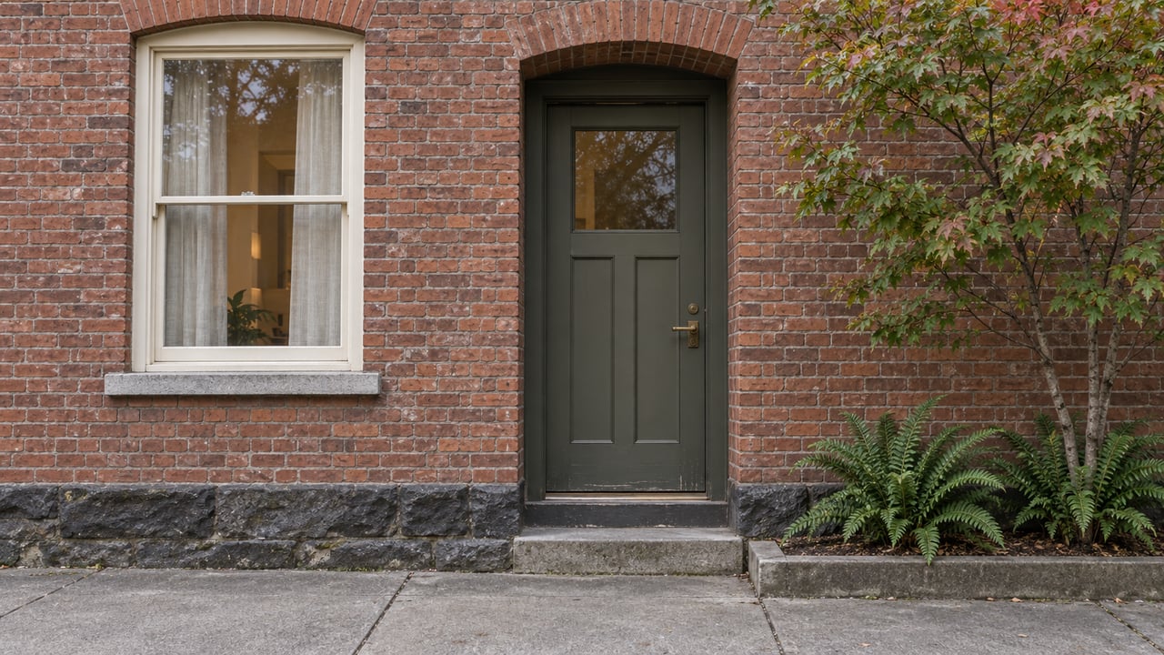Weathered brick facade with an olive-gray door, sash window, and young maple in a raised planting bed.