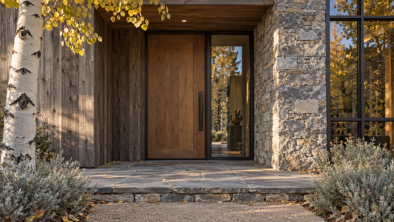 Mountain home entry with a timber door, limestone pier, bluestone landing, and yellowing aspen.