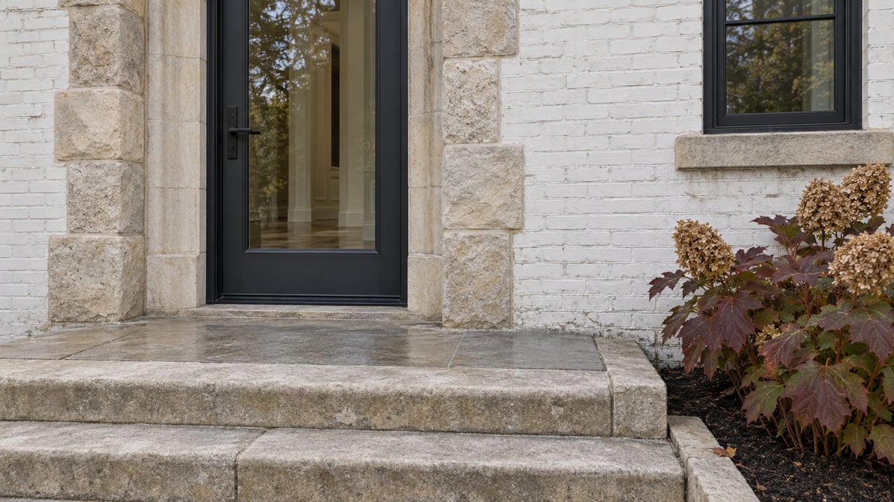 Close view of a white-painted brick home's charcoal glazed entry door, weathered limestone steps, and burgundy oakleaf hydrangea.