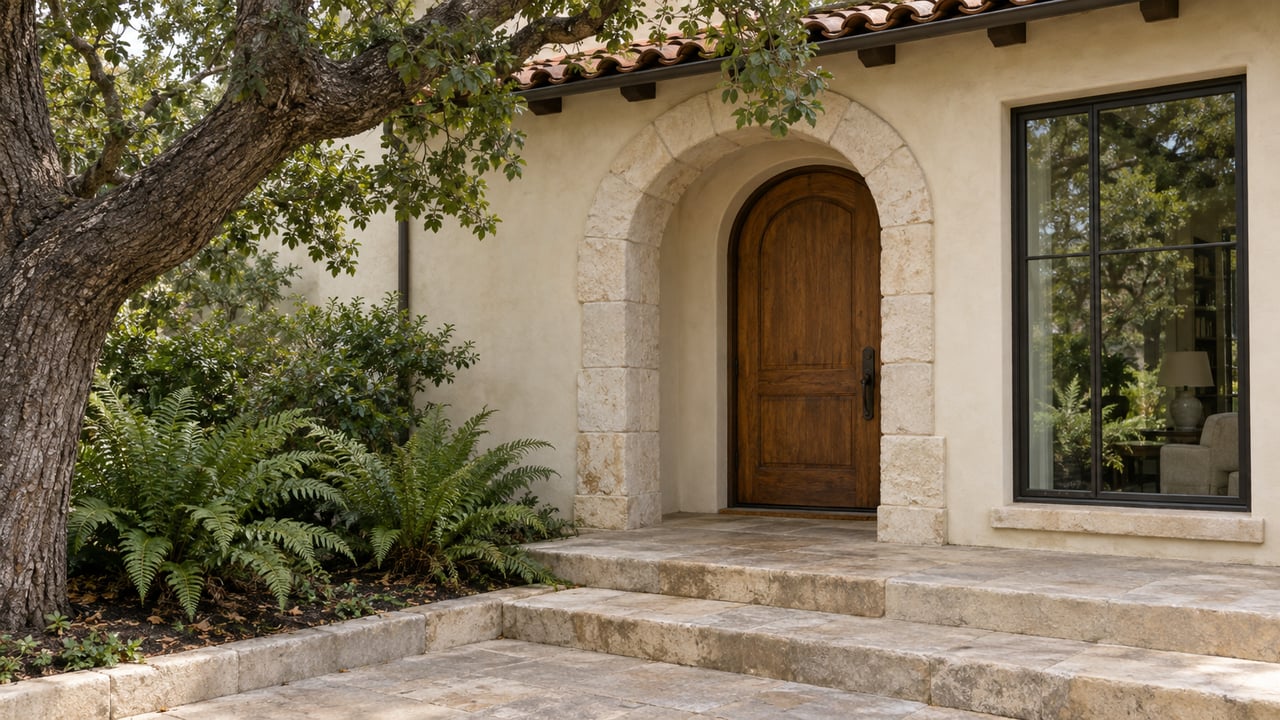 A recessed arched oak door in an ivory stucco house, beside a dark-framed window and limestone steps.