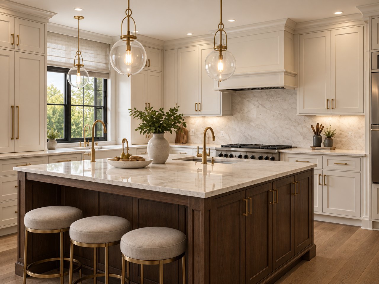 Kitchen with a marble-topped dark wood island, three stools, white cabinets, and brass pendant lights.