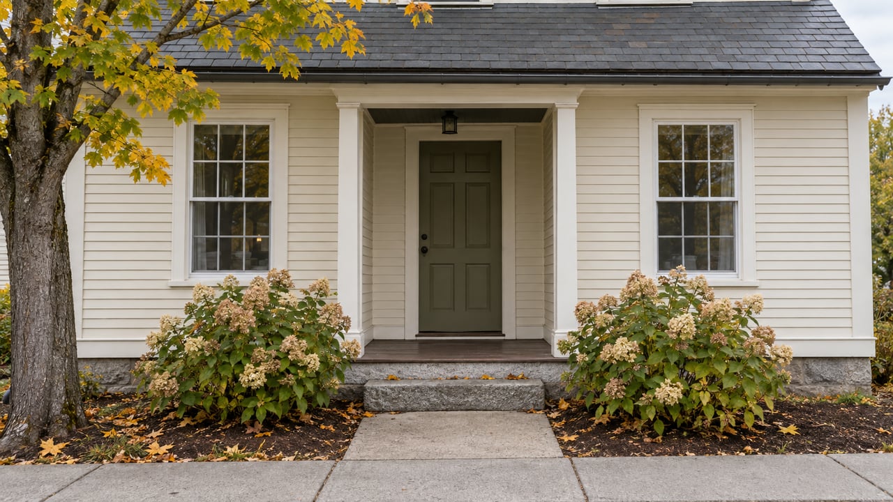 Ivory clapboard house with olive door, paired sash windows, granite steps, and hydrangeas beside the sidewalk.