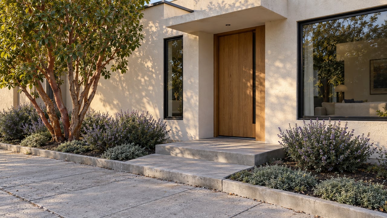 Ivory stucco home with recessed oak door, concrete steps, and a narrow planted entry bed beside the sidewalk.