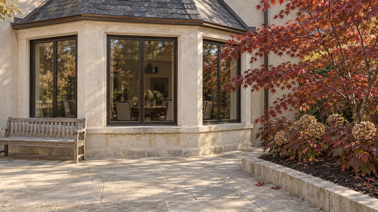 Tall bronze-framed windows in a pale stone and beige stucco garden bay, beside a red-leaved maple and weathered limestone terrace.