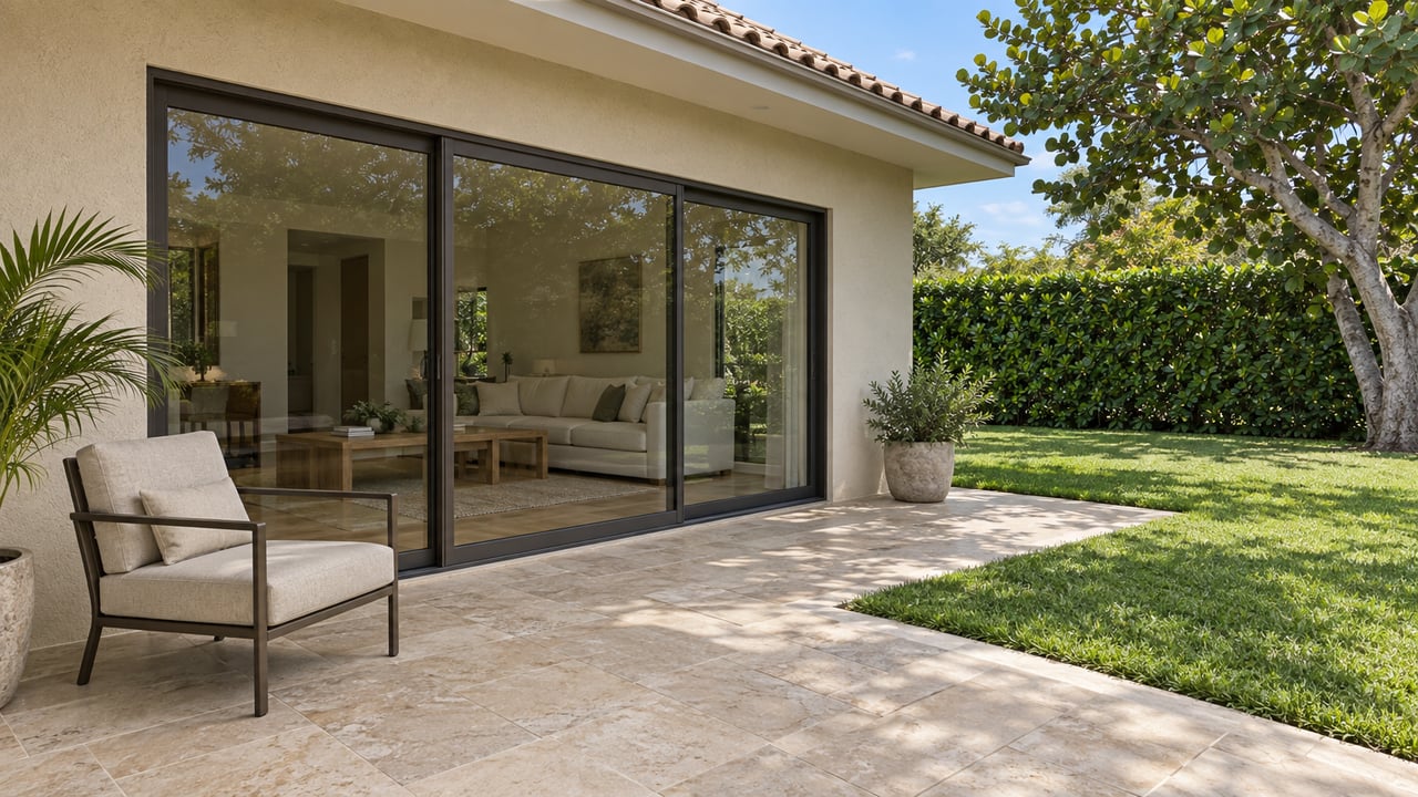 Covered travertine terrace beside closed bronze-framed glass doors, with a cream sofa inside and a green lawn bordered by a clipped hedge and broad-leaved tree.