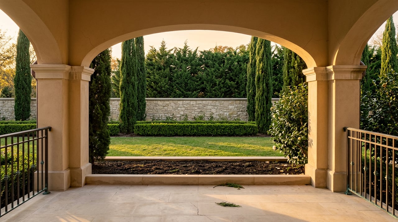 Arched loggia frames a garden allée of cypress, boxwood parterres, and a stone wall.