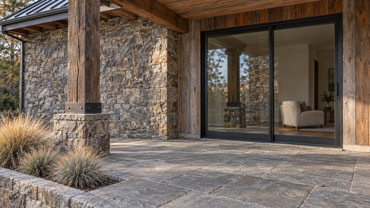 Sunlit timber and stone home entrance with closed glass doors, sandstone terrace and three autumn grass tussocks.