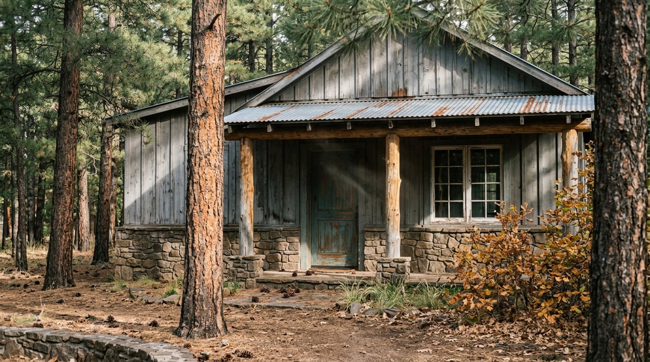 Weathered stone-and-wood cabin with a covered porch beneath ponderosa pines, dappled sunlight across the facade.