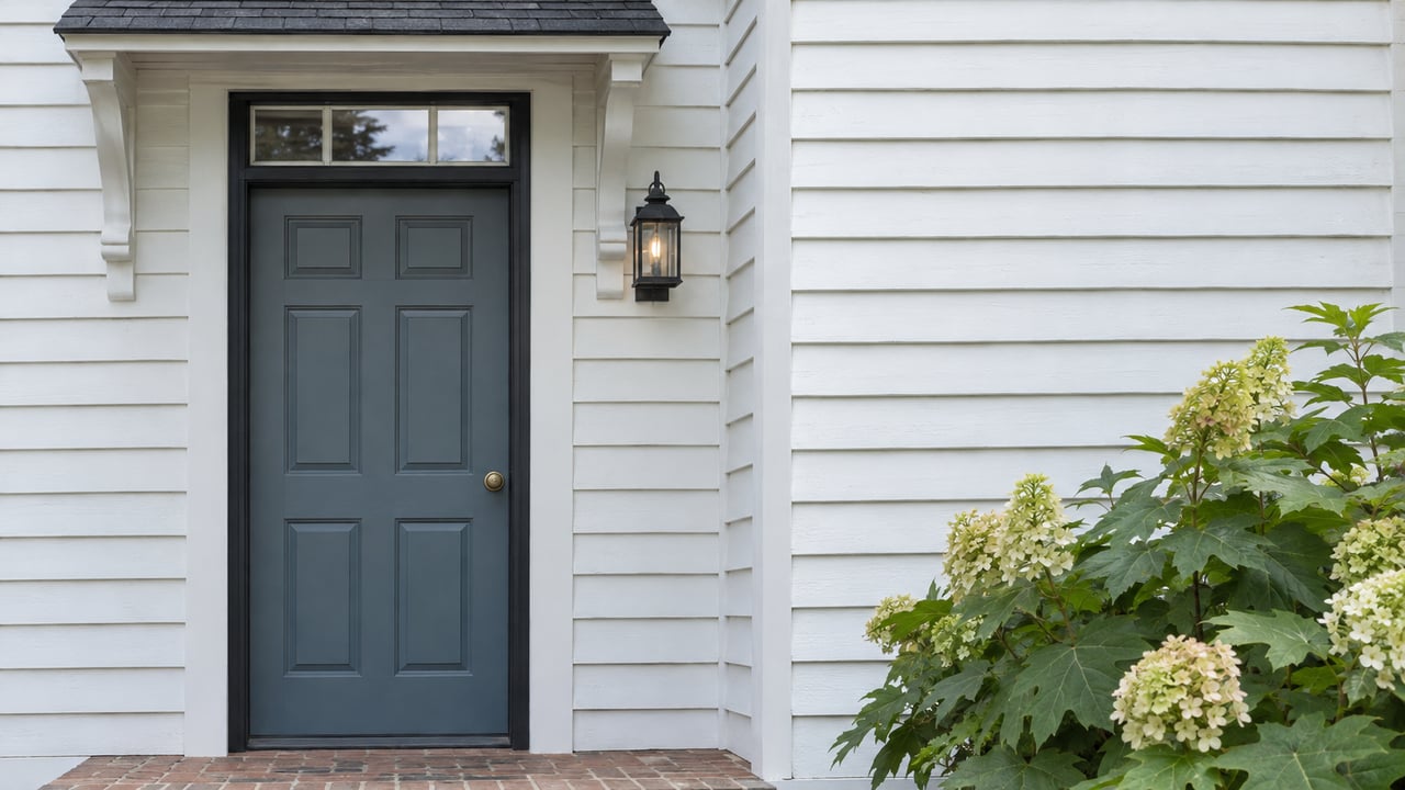 White clapboard house entry with a blue-gray door, brick steps, brass knob, and oakleaf hydrangea.