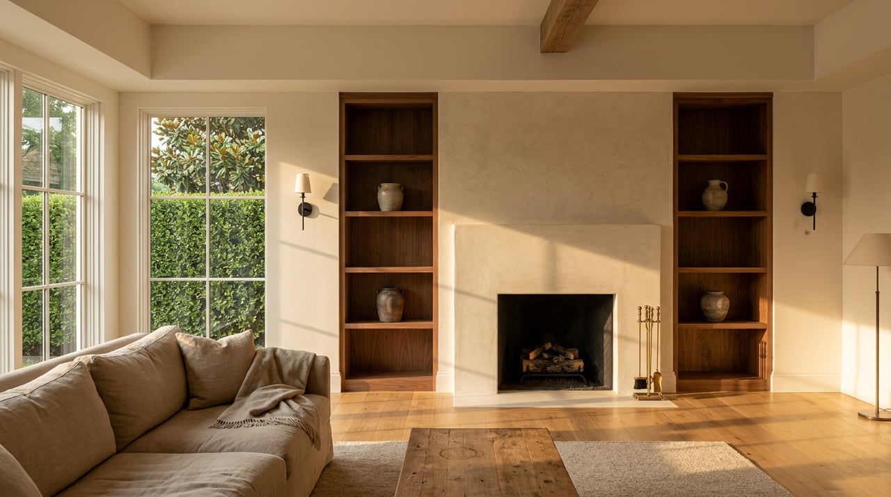 Living room with plaster fireplace, walnut shelves, oatmeal sofa, and sunlit rectangles across oak floor.