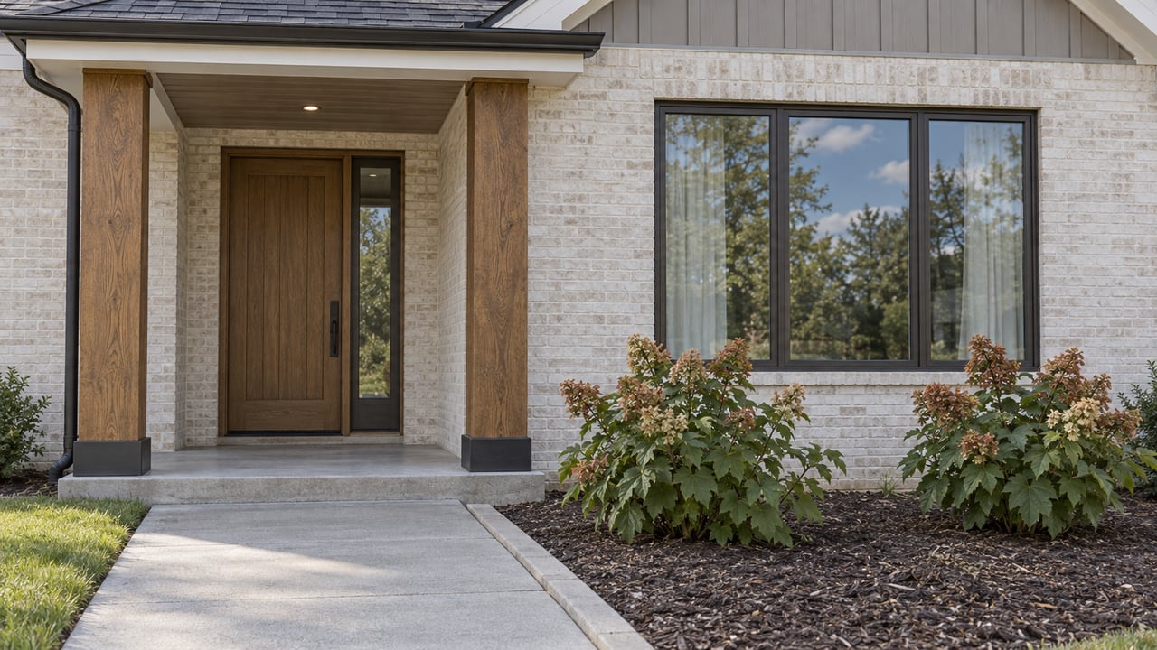 Warm-white brick home with a sheltered oak entry, dark-framed window, concrete approach and oakleaf hydrangeas.
