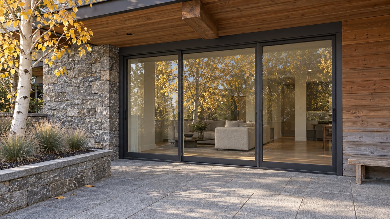 Stone and cedar condominium terrace with closed charcoal-framed glass doors, granite paving and a gold-leaved aspen.