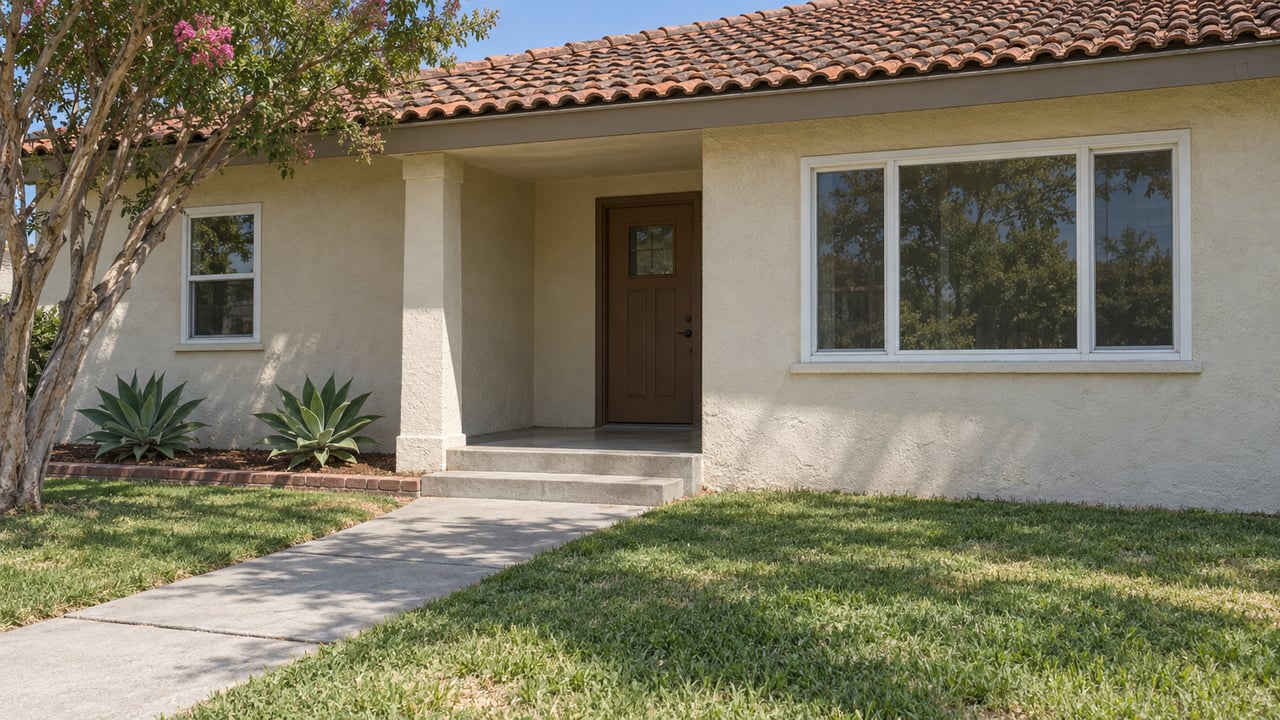 Cream stucco single-story home with a red clay-tile roof, recessed brown entry door, concrete steps, broad lawn and two agave rosettes.