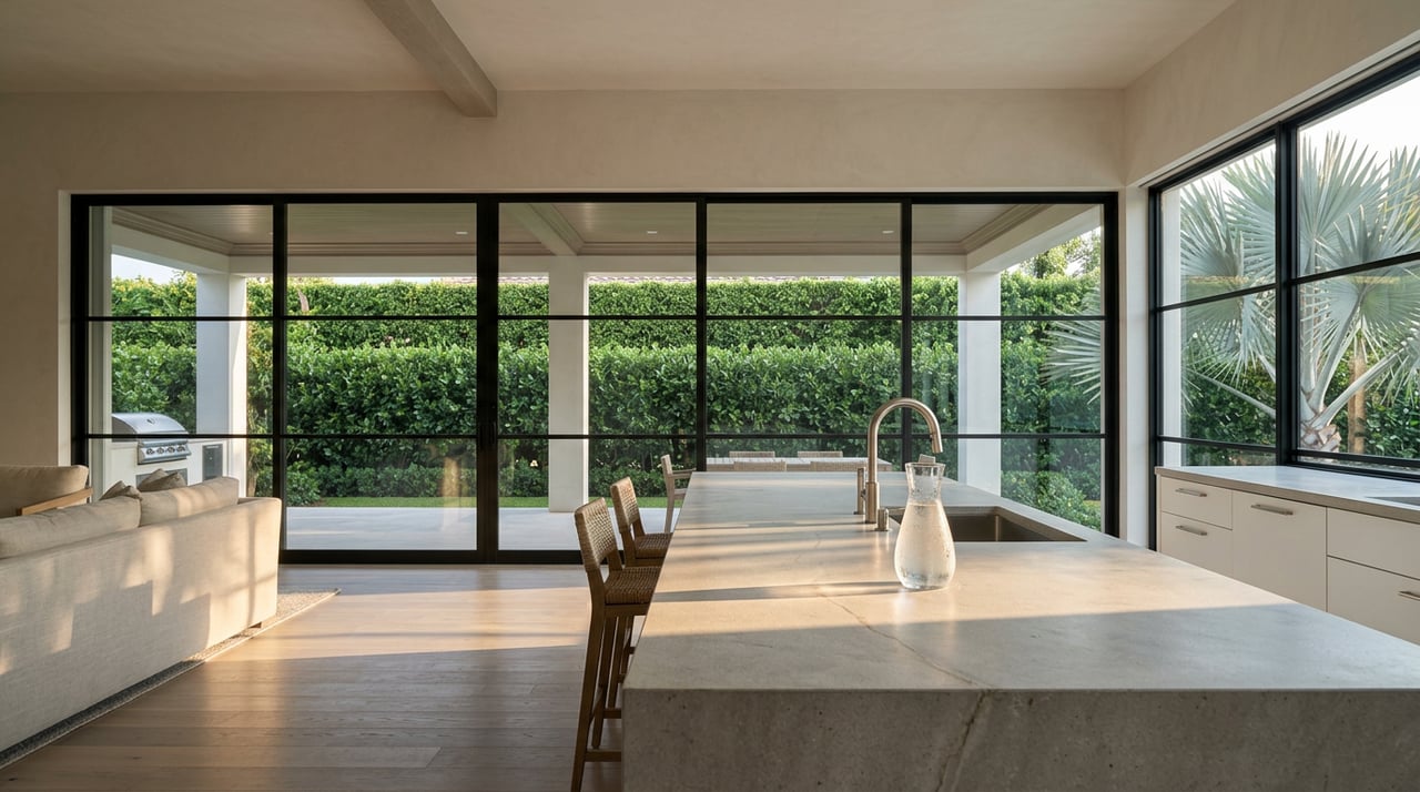 Light-gray stone kitchen island facing black-framed glass doors, with a clipped hedge and silver-blue palm beyond.