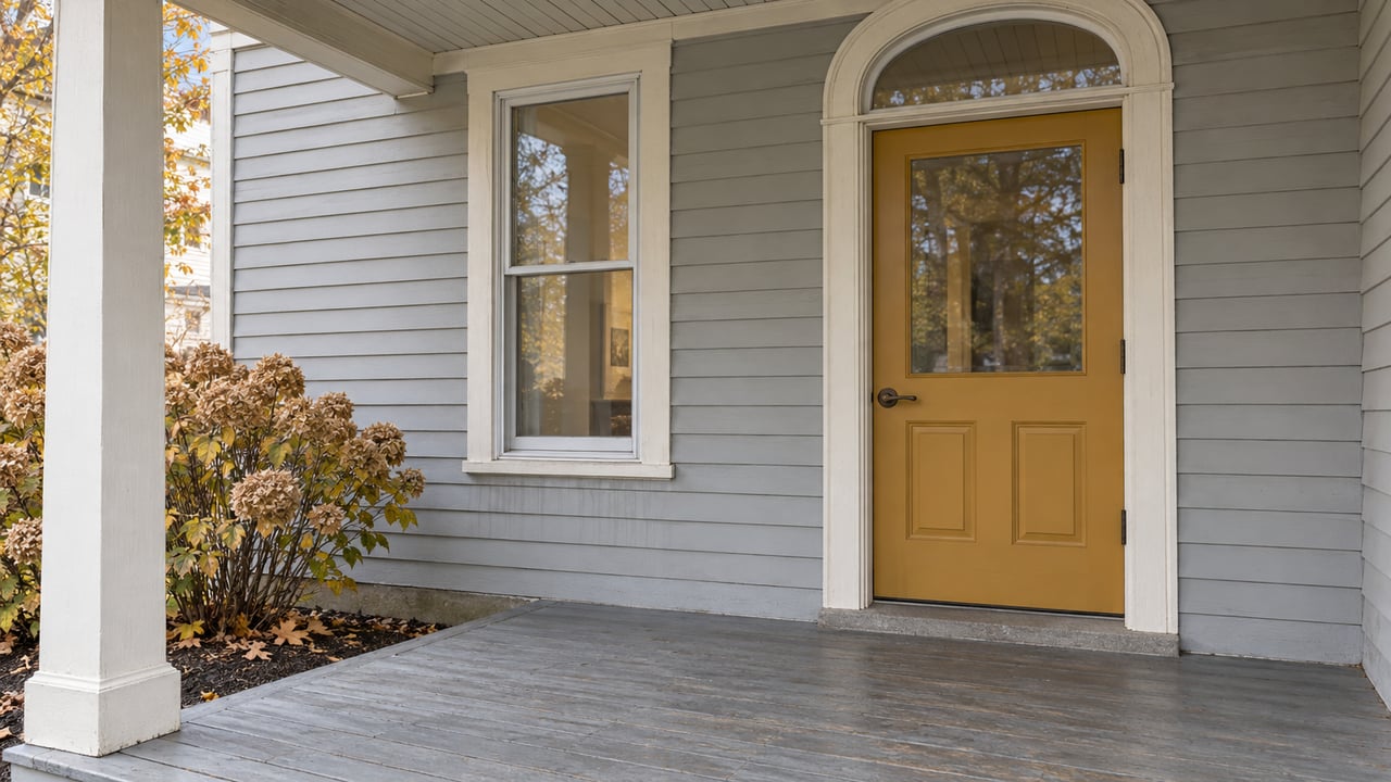 An autumn porch with pale gray clapboards, an ochre front door, an arched transom and weathered painted floorboards.