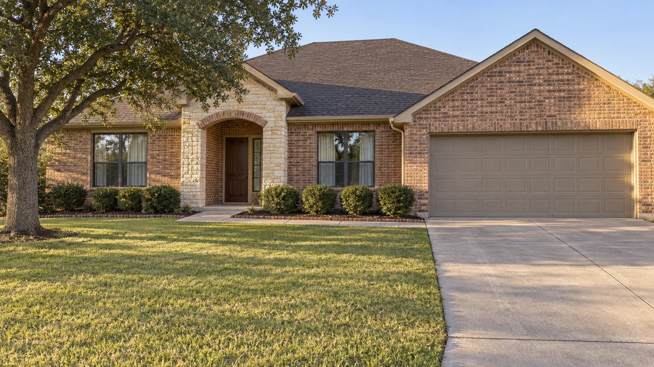 Warm red-brown brick home with limestone entry, broad front lawn, a mature live oak and a wide concrete driveway in late-afternoon light.