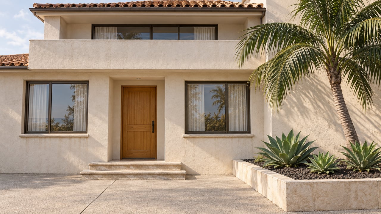 Sunlit stucco home with terracotta roof tiles, an oak entry door, bronze-framed windows and a palm in a raised limestone planting bed.