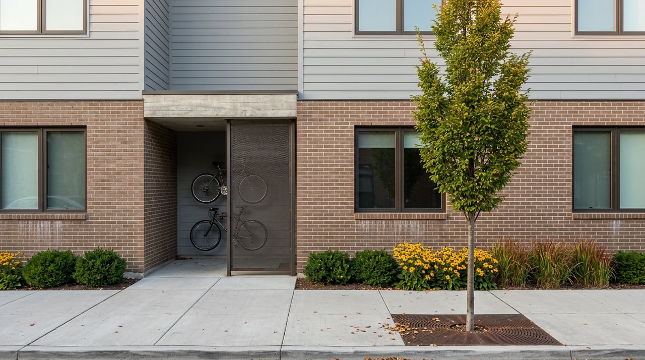 Urban apartment building with brick lower floors, gray siding, recessed bike nook, street tree, and foundation plantings.