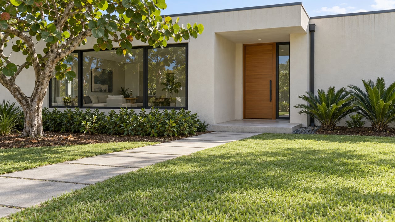 Sunlit white stucco home with black-framed windows, a recessed timber entry and pale pavers crossing a deep green lawn beside a sculptural sea-grape tree.