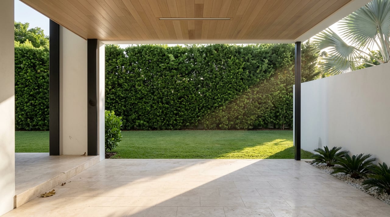Covered loggia with travertine floor, white oak ceiling, and sunlit lawn before a tall clipped hedge.