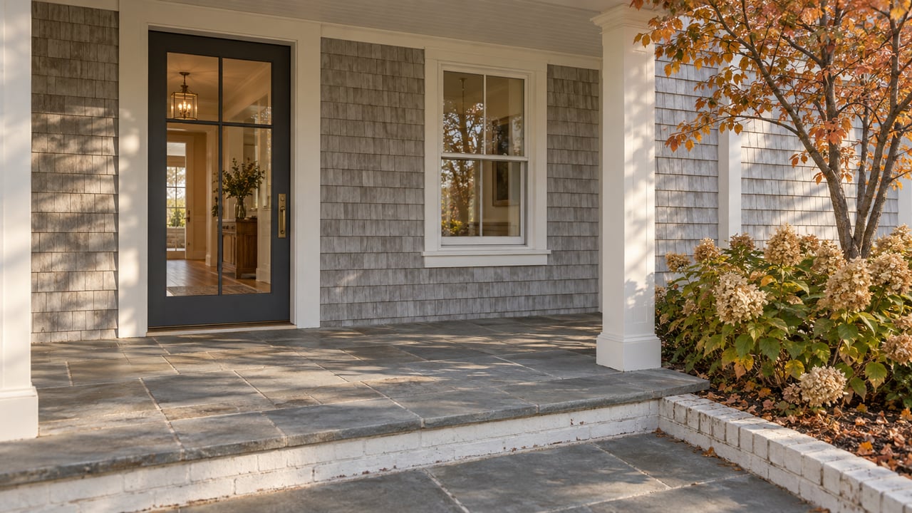Cedar-shingled house entrance with a glazed door, bluestone porch, autumn hydrangea, and sparse copper leaves.