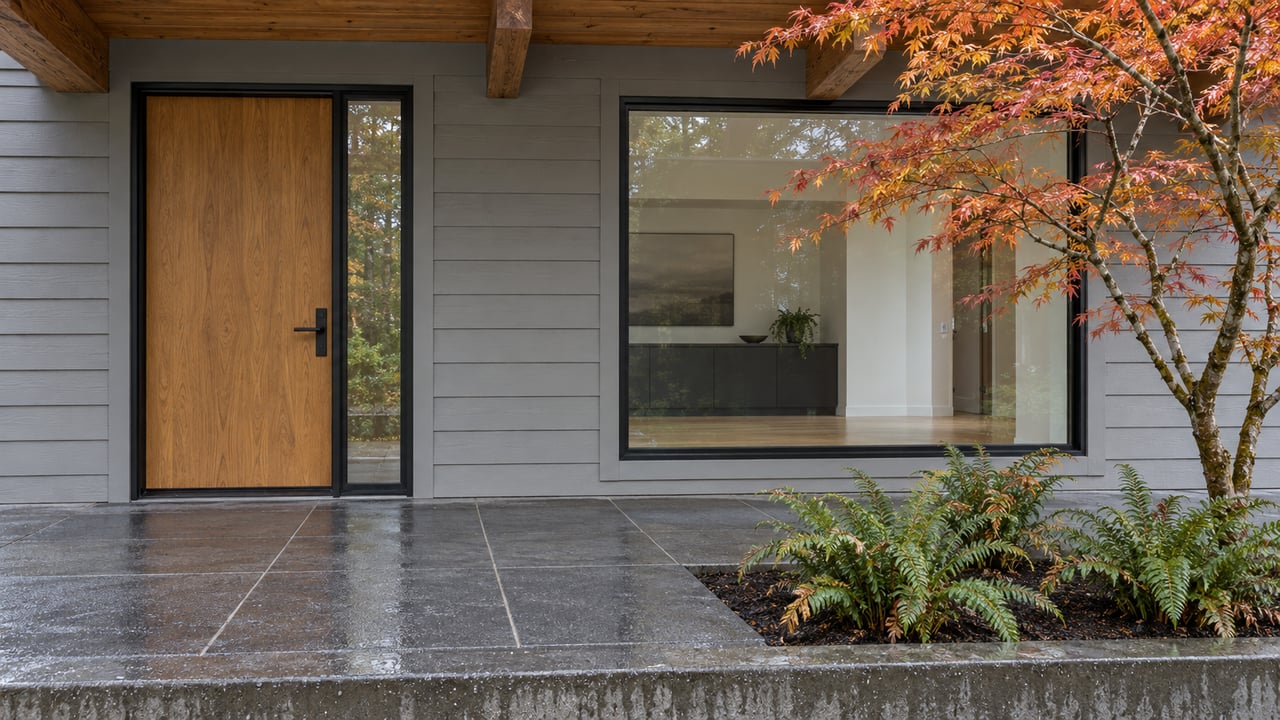 Rain-damp gray-sided home entry with a cedar soffit, oak door, black-framed picture window and an amber vine maple beside a raised paved terrace.
