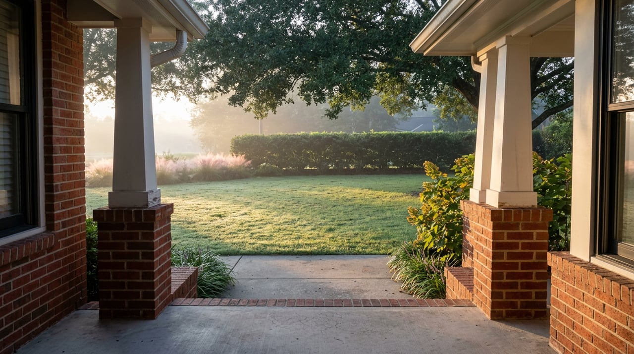 Brick porch columns frame a dew-covered, misty lawn, with oak canopy and pink muhly grass.