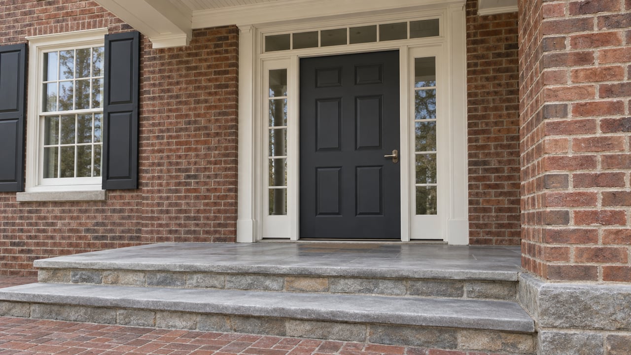 Close view of a brick home's charcoal front door, ivory trim, paired glazed sidelights and gently worn limestone porch steps.