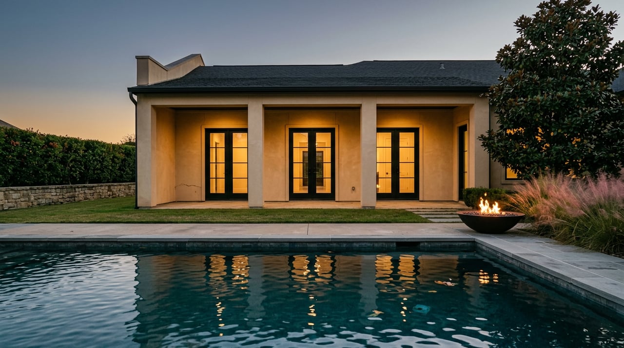 Backyard pool reflecting light from glass doors and a fire bowl, beside a stucco home at dusk.