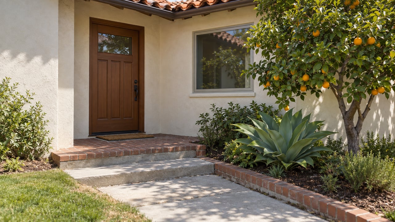 Stucco home with a recessed wood door, terracotta eave, citrus tree, agave, and concrete approach.