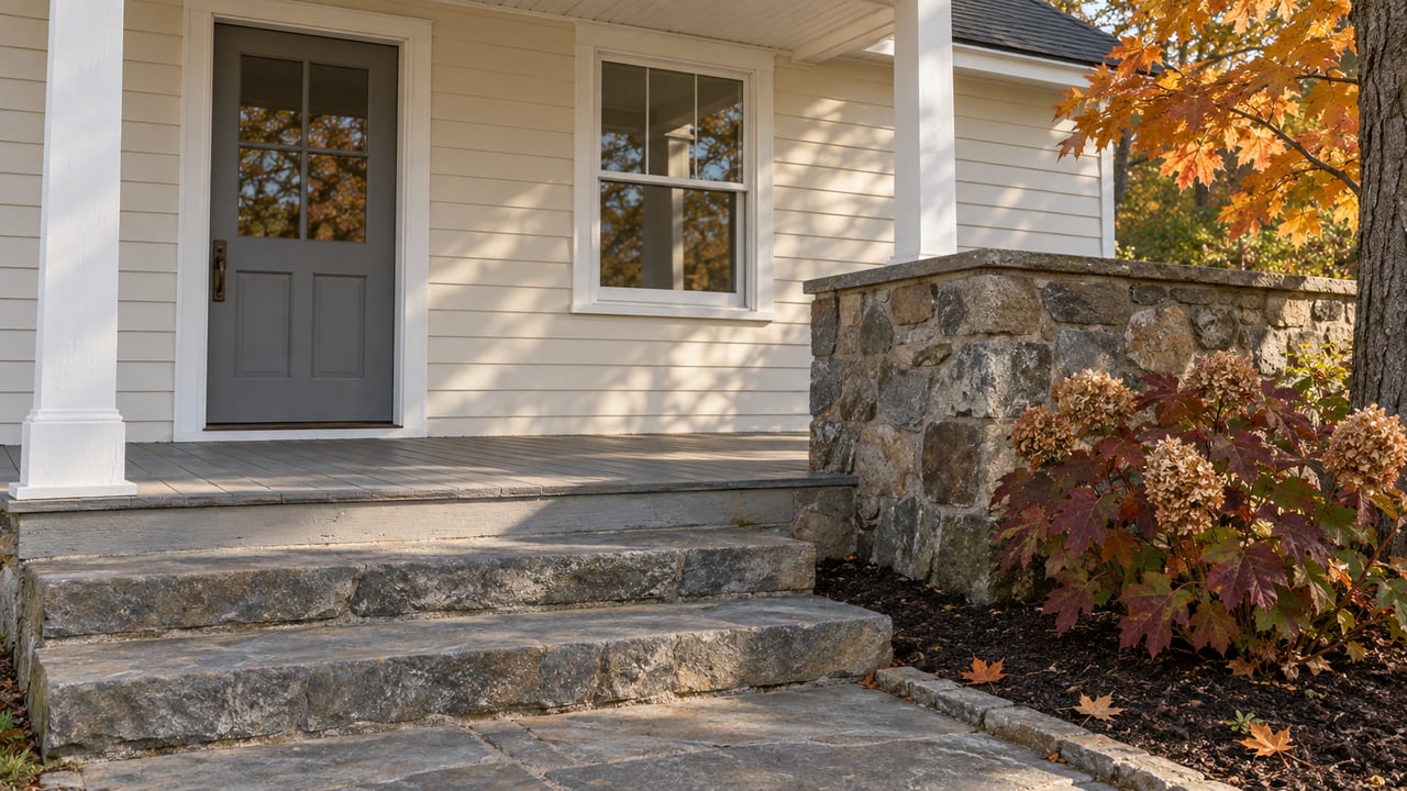 Autumn light on a traditional home's pale clapboard entry, weathered porch and fieldstone steps beside oakleaf hydrangeas.