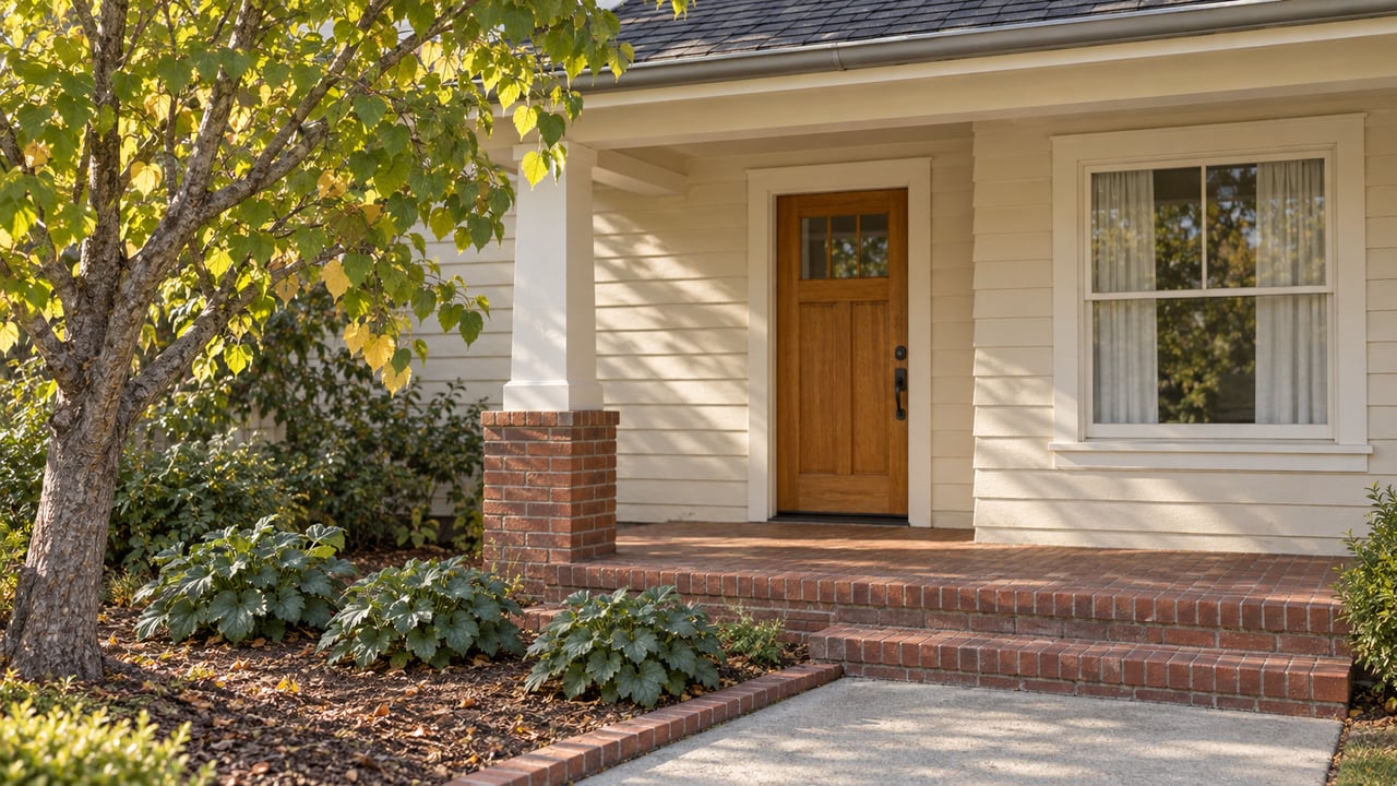 Morning sunlight on an ivory clapboard home with a covered oak front door, brick porch steps and a small planted garden.
