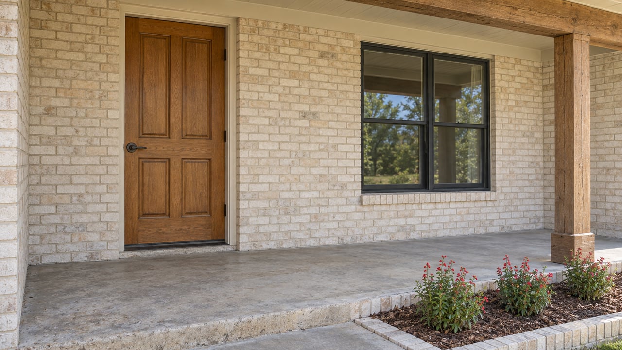 Cream-brick ranch-home porch with a closed oak entry door, black-framed window, weathered timber beam, and red flowering sage beside the concrete slab.