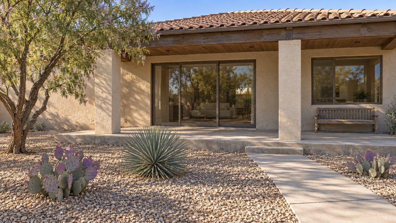 Single-story stucco home with a timber-covered patio, closed glass doors and a spacious gravel garden planted with desert willow, beaked yucca and purple prickly pear.