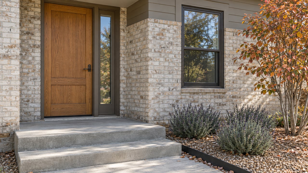 Oak front door and glazed sidelight in a cream-brick entry, beside concrete steps and coppering leaves.