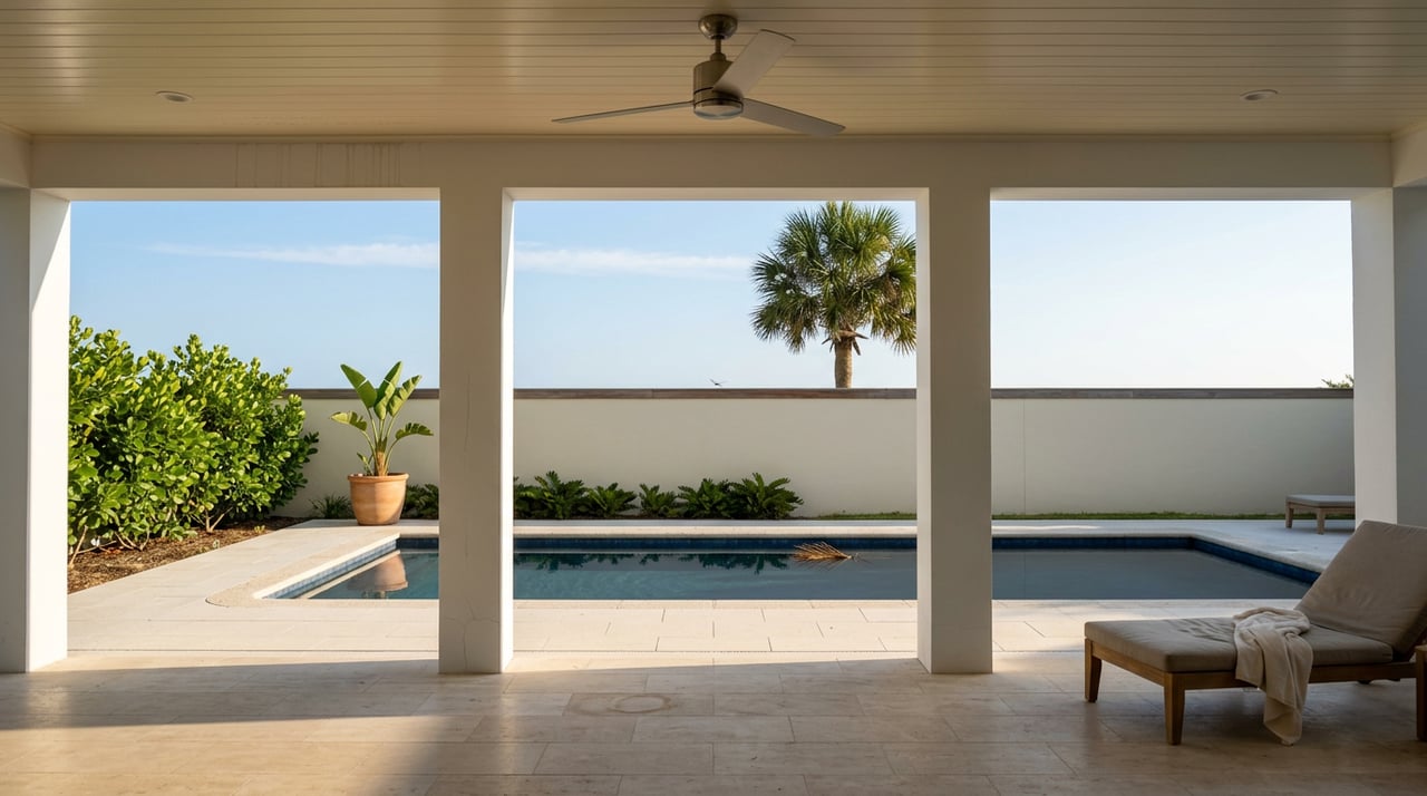 Covered loggia frames a cobalt pool, ivory garden wall, and sculptural palm.