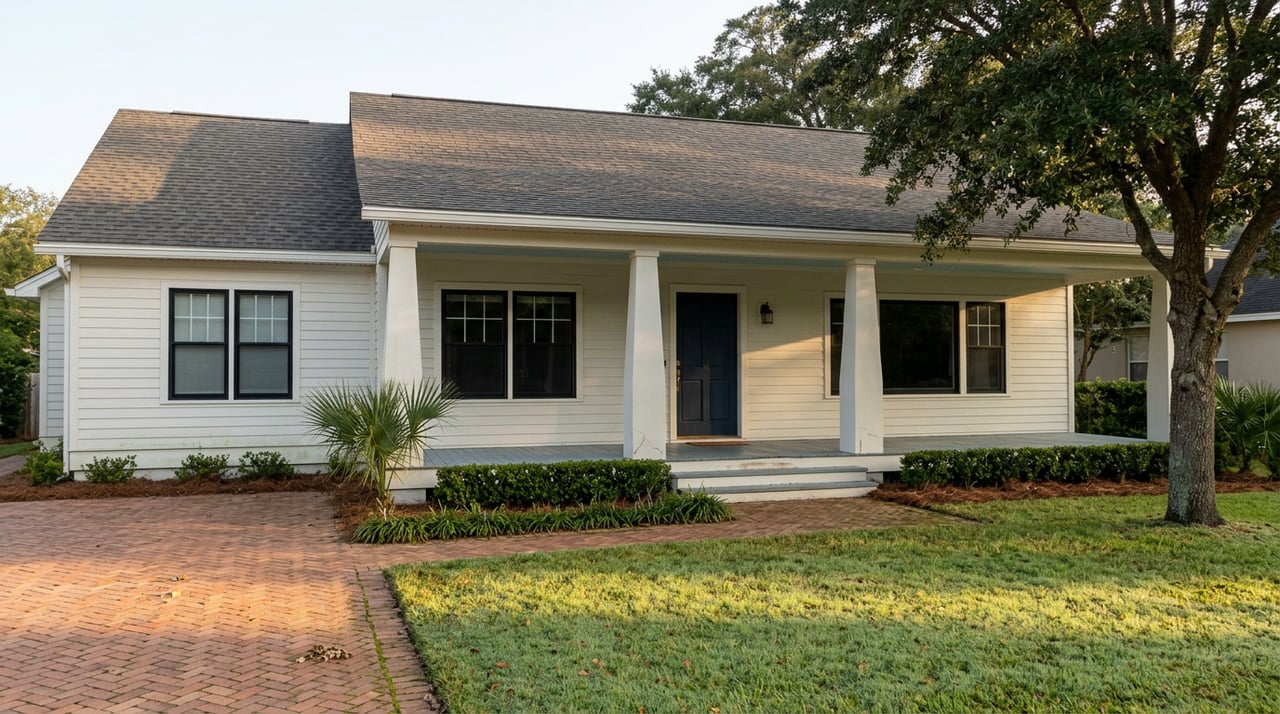 Single-story white home with a navy door, covered porch, terracotta paver driveway, and live oak beside a dew-covered lawn.