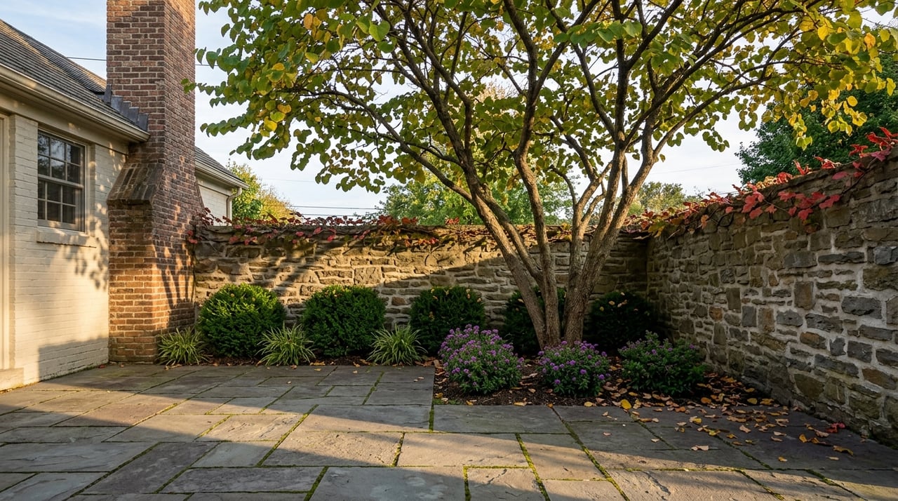 Multi-trunk redbud shades a bluestone terrace and fieldstone wall, with yews, purple-budded asters, and fallen leaves.